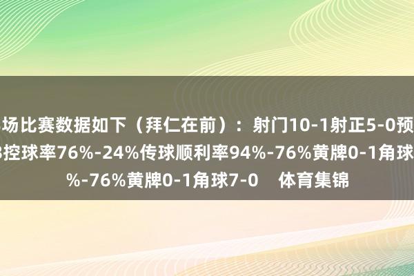 半场比赛数据如下（拜仁在前）：射门10-1射正5-0预期进球0.37-0.08控球率76%-24%传球顺利率94%-76%黄牌0-1角球7-0    体育集锦